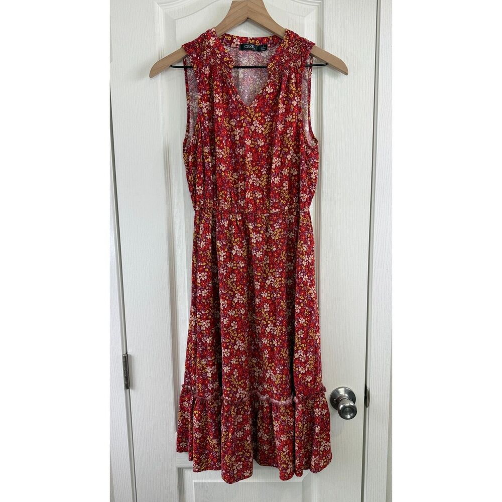 CURE Women’s Small Red Floral Midi Dress Sleeveless Tiered Boho Rayon